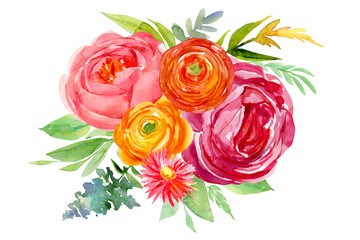 bouquet abstract flowers, leaves, painted with watercolor, peony, eucalyptus, greens