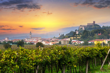 Medieval Castle of Soave in the province of Verona at sunset, Italy