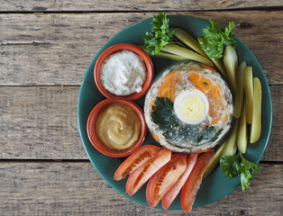 aspic fish meat on a wooden rustic table
