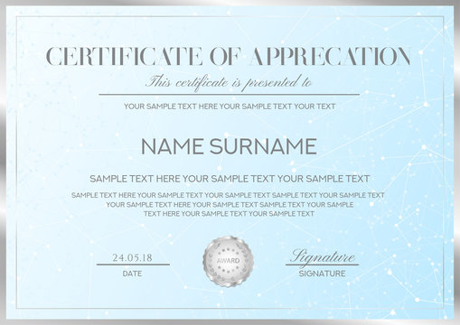 Certificate vector template with silver border and seal (emblem). Formal secured Guilloche pattern for Diploma, deed, certificate of appreciation, achievement