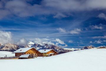 Beautiful Winter at Alpe di Siusi, Seiser Alm - Italy - Holiday background for Christmas.