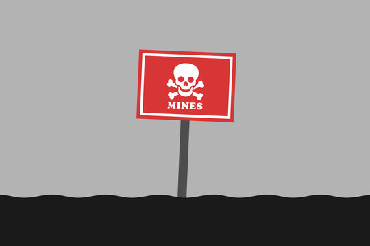 Land mines / landmines warnign sign on signboard - danger and threat of being wounded, killed, injured and harmed by explosive bomb and blast on minefield  /mine fieldn. vector illustration.