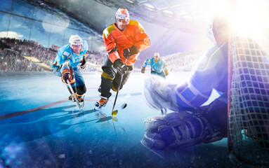 Professional hockey players in action on grand arena