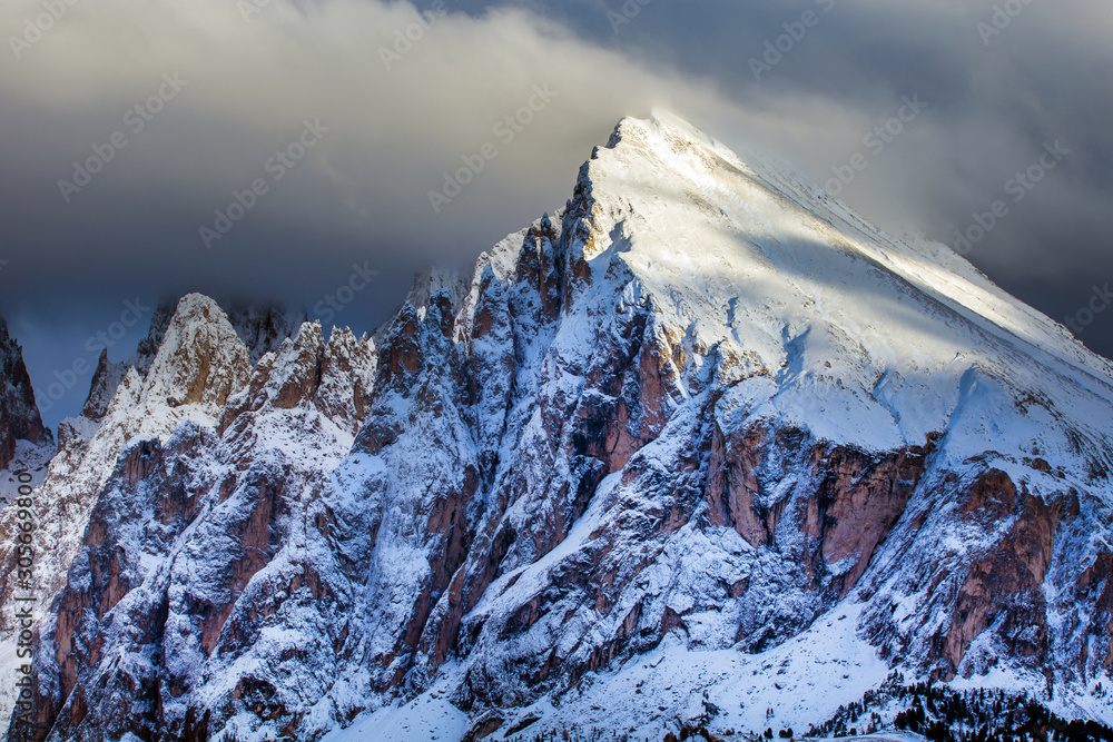 Wall mural Beautiful Winter at Alpe di Siusi, Seiser Alm - Italy - Holiday background for Christmas.