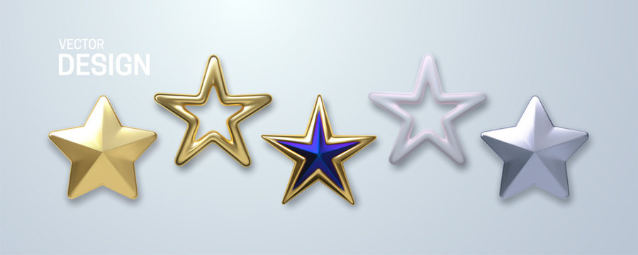 Decorative stars set isolated on white background. Vector 3d illustration. Golden geometric star shapes. Christmas holiday decoration elements