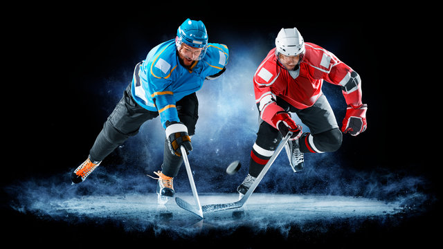 ice hockey players isolated on black background