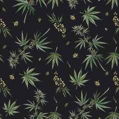 Naklejka na ściany i meble Beautiful vector watercolor medical marijuana seamless pattern. Natural therapeutic drug.