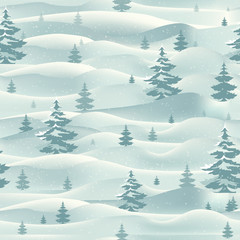Naklejka premium Seamless winter hand-drawn pattern. Landscape with winter forest in the snow, decorative background for wallpaper, fabric, paper. Monochrome vector illustration.