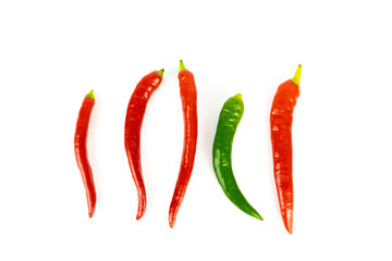 A group of fresh red, and green chili pepper isolated on white, copy space and top view