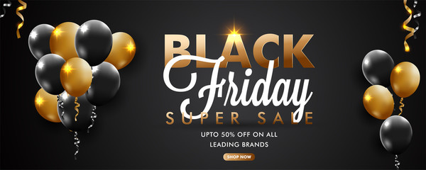  Vector illustration on Black Friday super Sale poster with realistic golden and black shiny balloons. upto 50% discount.