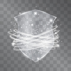 Glass or plastic vector shield logo with swirling stormy winds around it on transparent background. Protection and safety symbol template in hi-tech style. Power, strength sign, showing resistance.