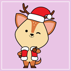 Cute Kawaii Hand Drawn Icon Clipart Deer Character Illustration With Christmas Costume - 18