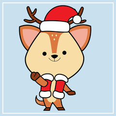 Cute Kawaii Hand Drawn Icon Clipart Deer Character Illustration With Christmas Costume - 24