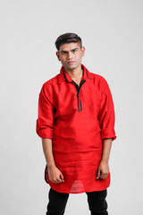 Indian / Asian man in red shirt and showing multi pal expression over white background 