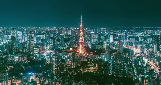 Timelapse of central of Tokyo at night, Japan