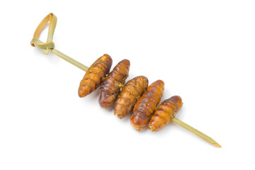 Crispy salted silkworms on a stick