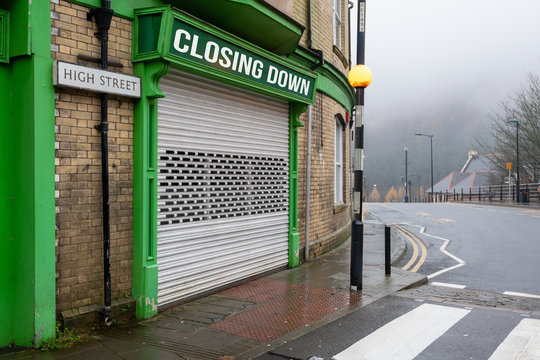 High Street Shops Closing Down With Shutters Closed, Decline In Shopping In Wales, United Kingdom