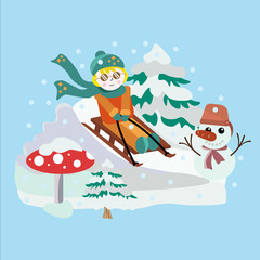Little boy sledding in winter, cute illustration with snowman