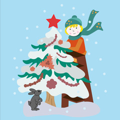 little boy decorates a Christmas tree, postcard