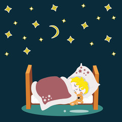 little boy sleeps in the starry sky and sees cute dreams