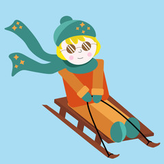 Little boy sledding in winter, cute illustration