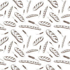 Bakery pattern. Hand drawn bread products on white background. Sketch style. Seamless vector backdrop