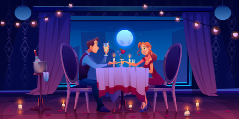 Couple romantic date dinner, man holding woman hand sitting at served table in dark room at window with view of moon in night sky drinking champagne, candles, flower petals Cartoon vector illustration