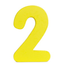Yellow educational number block 2 for children, isolated on white background