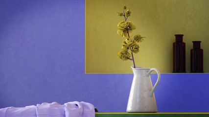 3d render modern colorful room and artificial flowers vase on tiled floor.