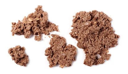 Cat food with chicken and turkey isolated on white background, top view