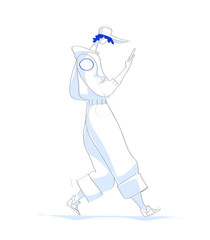 Young man wearing stylish futuristic outfit walking with mobile phone - Vector