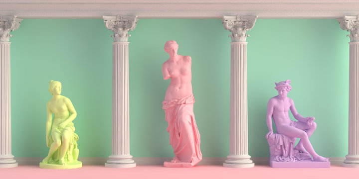 3d-illustration of interior with antique statues Discobolus, Venus, nymph