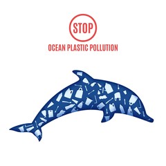 Dolphin inside plastic waste in paper cut style. Poster design template stop ocean plastic pollution. Vector ecological concept. Craft cardboard underwater ocean cave in blue color