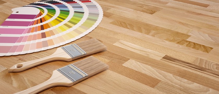 Paint shop banner. Composition with brushes and color chart.