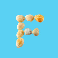 Letter "f" composed from seashells, isolated on gentle blue background