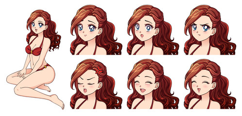 Set of anime expressions. Hand drawn cute girl with curly brown hair and wearing red swimsuit.
