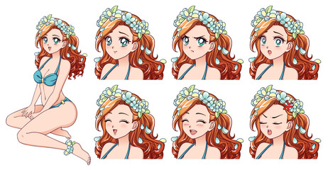 Set of anime expressions. Hand drawn cute girl with curly red hair, wearing blue swimsuit and flower wreath. Can be used for avatar, game, poster, novel, card, sticker, shirt design.