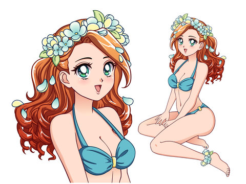 Anime girl wearing blue swimsuit and flower wreath. Red curly hair, big  brown eyes. Stock Vector | Adobe Stock