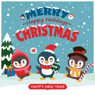 Vintage Christmas poster design with vector penguin, snowman, reindeer, Santa Claus characters.