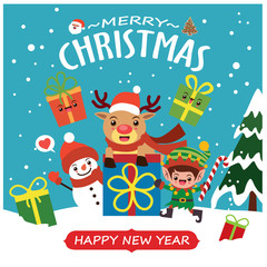 Vintage Christmas poster design with vector Santa Claus, elf, snowman, reindeer characters.