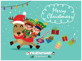 Vintage Christmas poster design with vector Santa Claus, elf, snowman, reindeer characters.