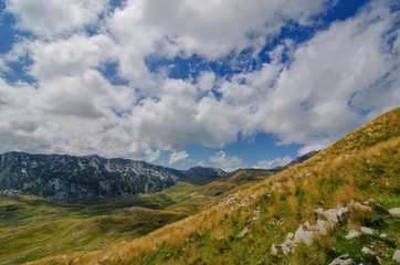 Fototapeta na wymiar Summer mountaine landscape with cloudy sky. Mountain scenery, National park Durmitor, Zabljak, Montenegro.