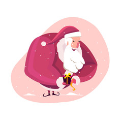 Merry Christmas and Happy Holidays Santa Claus holding Tiny Festive box of Present Fairy Gift, Snowing Outdoors Before Xmas Greeting