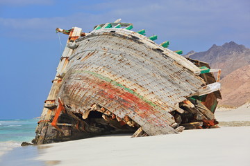 Abandoned ship wreck on the beach of Socotra island