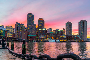 Boston skyline and Fort Point Channel at sunset as viewed fantastic twilight or dusk time from Fan...
