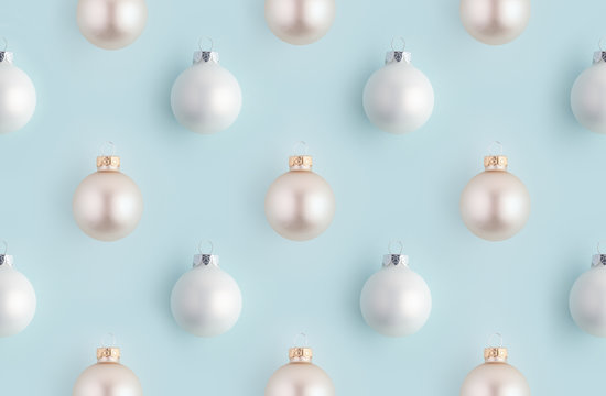 White And Gold  Holiday Balls On Blue Background