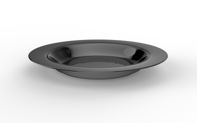 Empty gloss black ceramic plate on white background with ground shadow. Camera inclination 15 degrees. Isolated. 3D render