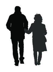 Happy elderly seniors couple hold hands vector silhouette. Mature coupe in love together on background. Mother and father closeness in public. Golden age for travel and peace in soul. good parents.