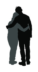 Young hugged couple in love vector silhouette. Happy lovers hugging. Boyfriend and girlfriend in hug. Closeness and tenderness on first date. Woman and man stick together. People kiss boy kissing girl