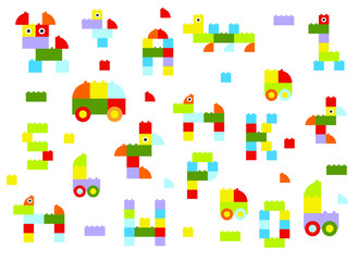 a background of plastic blocks, animal figures, cars and the alphabet, vector illustration, pattern